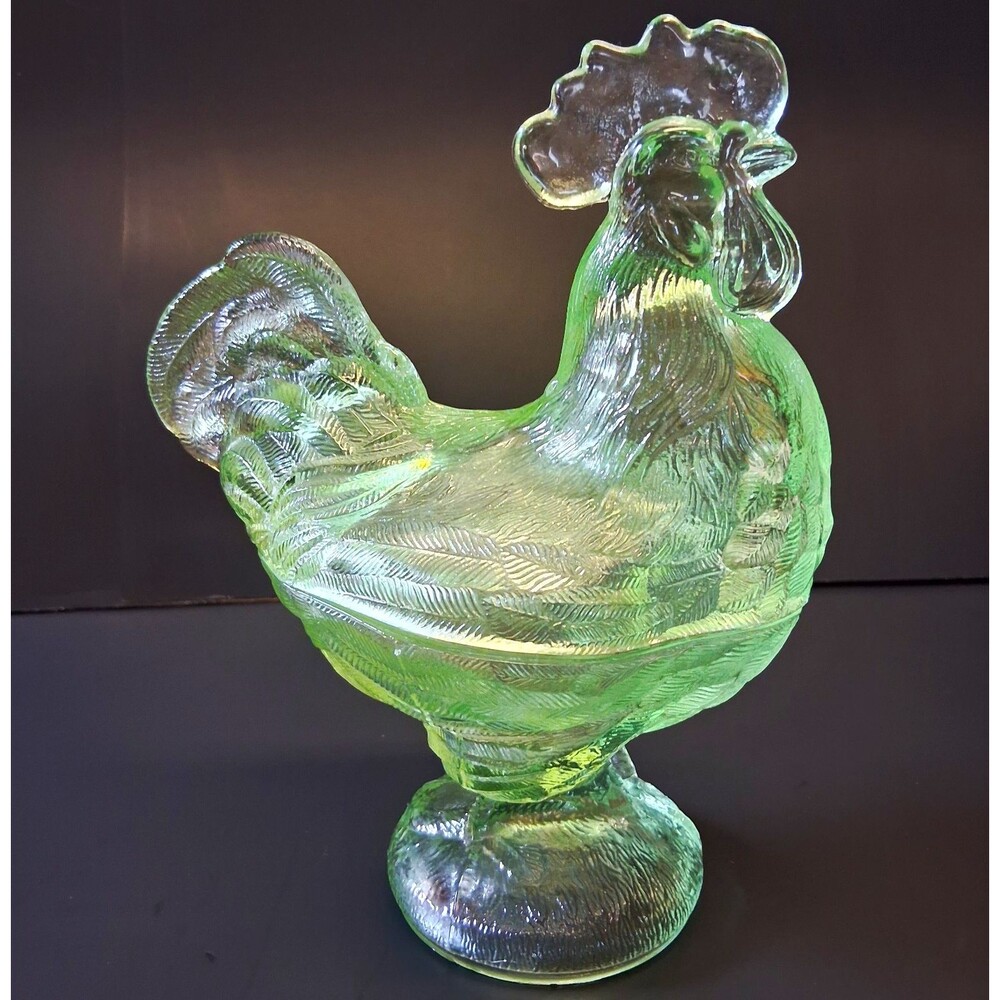 Vintage Light Green Glass Rooster on Nest Covered Dish Pedestal Chicken 8" Mint